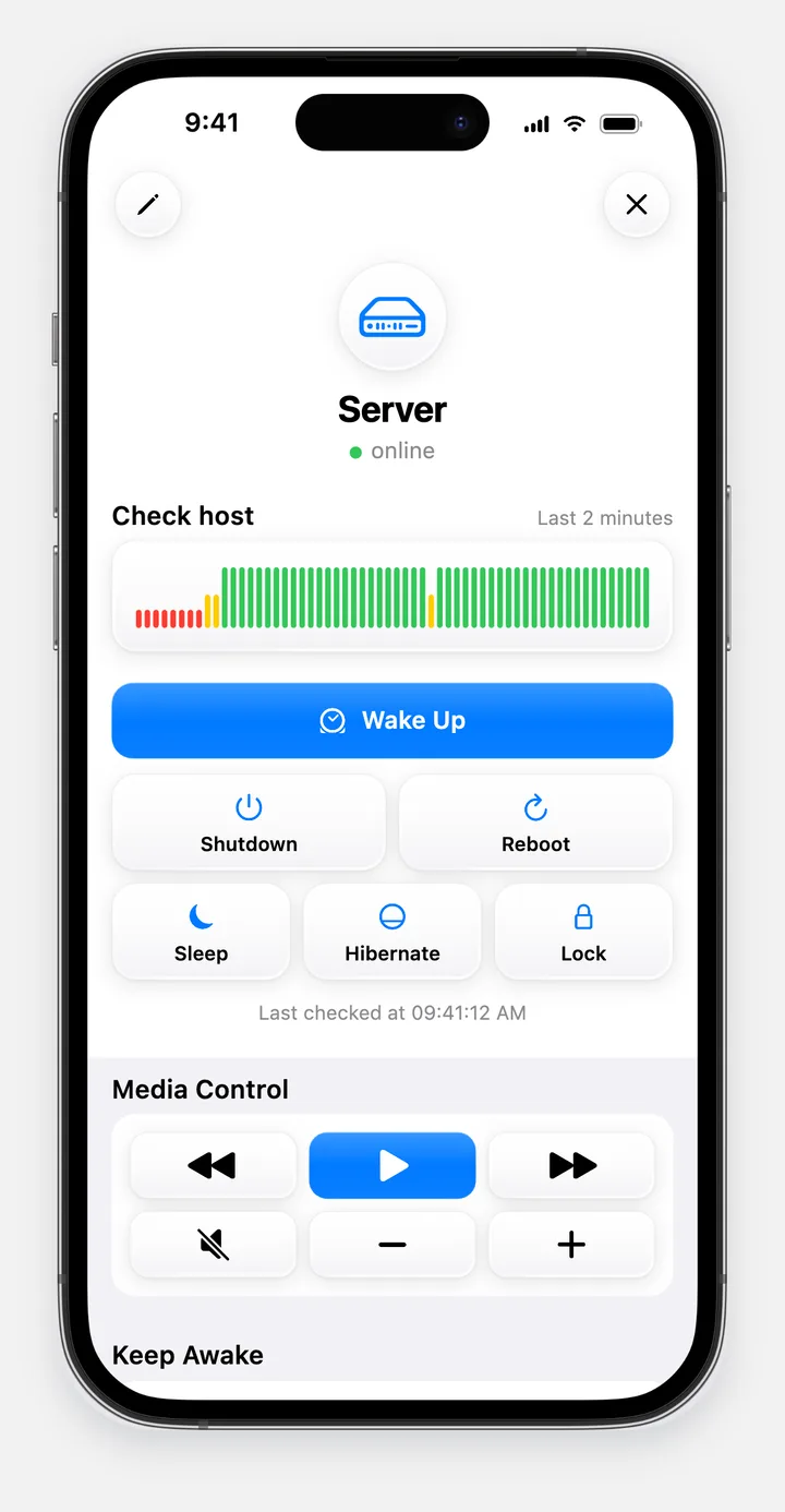 Host card on iPhone with Wake, Shut Down, and Sleep buttons