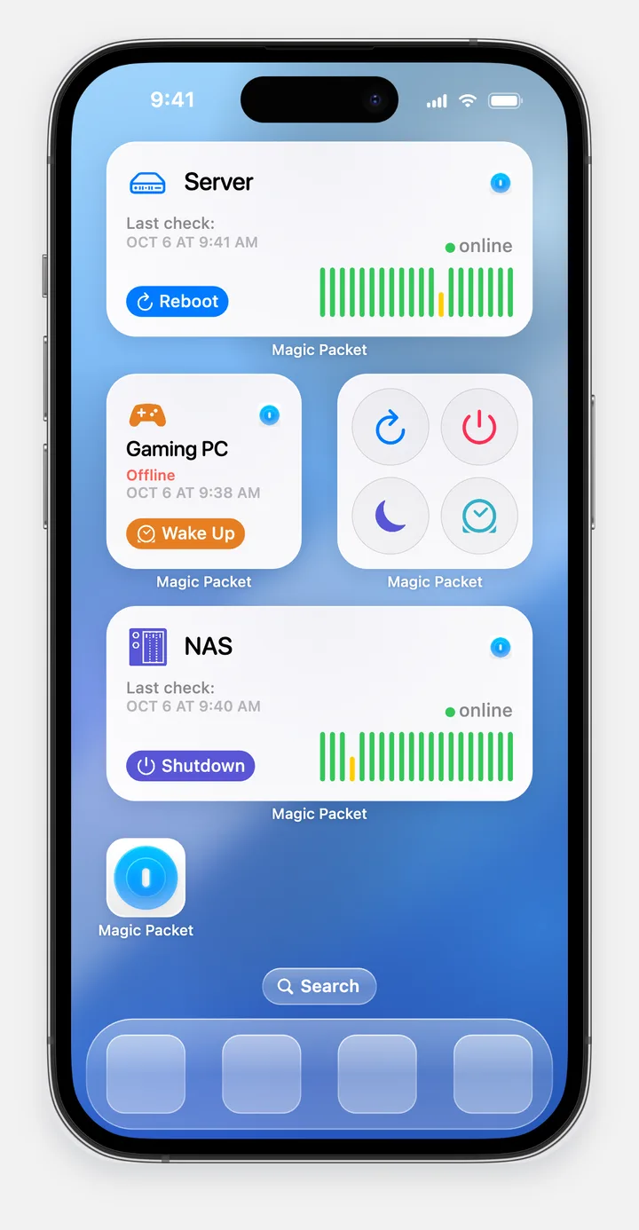 Magic Packet widgets on the Home Screen