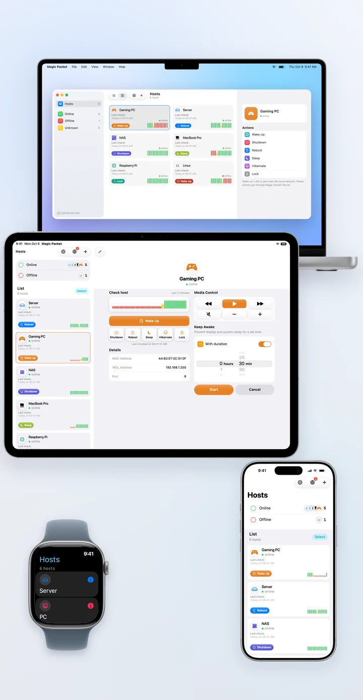 Magic Packet on a MacBook, an iPad, an iPhone, and an Apple Watch showing the same hosts