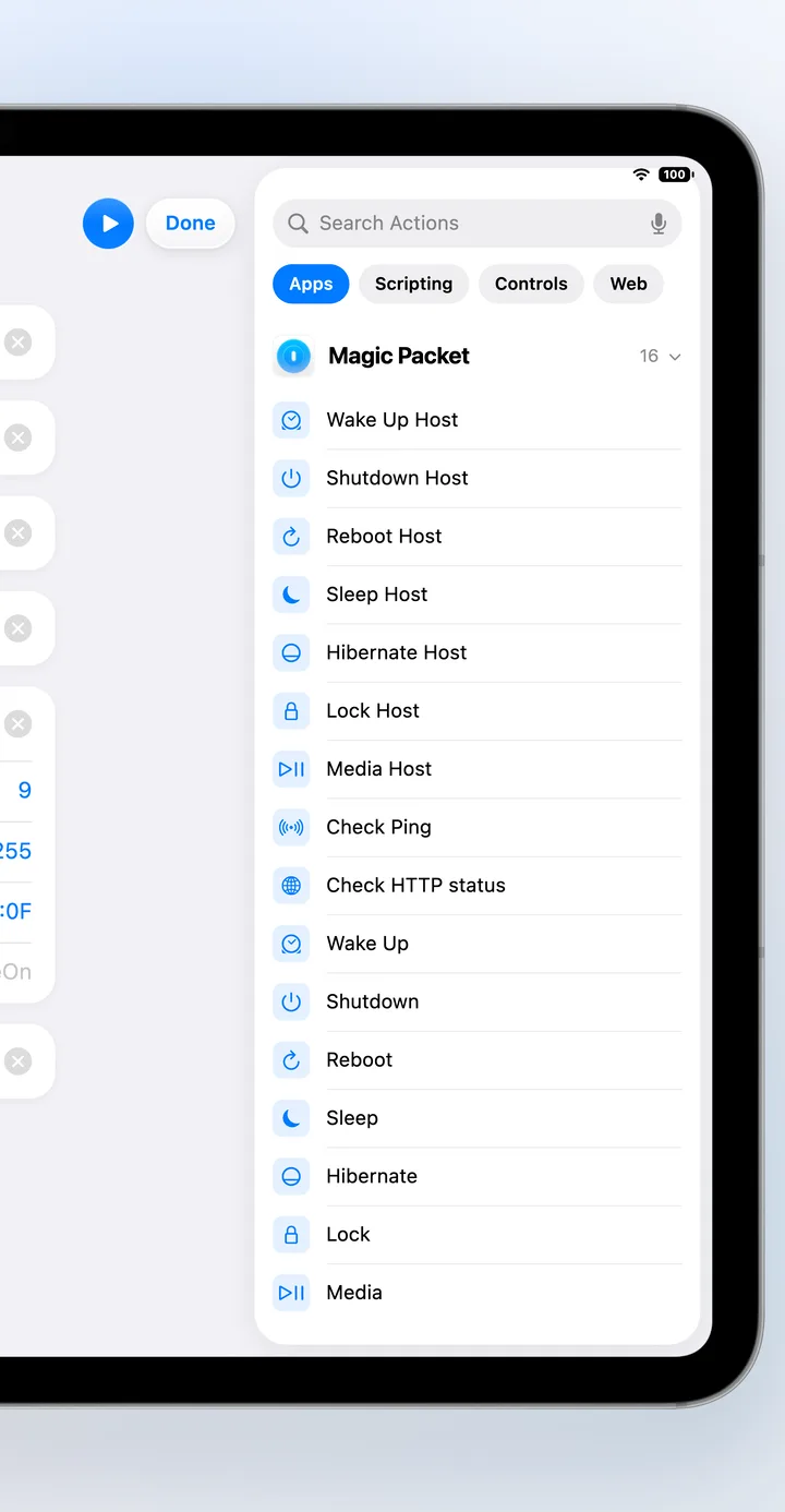 Magic Packet actions in the Shortcuts app on iPad