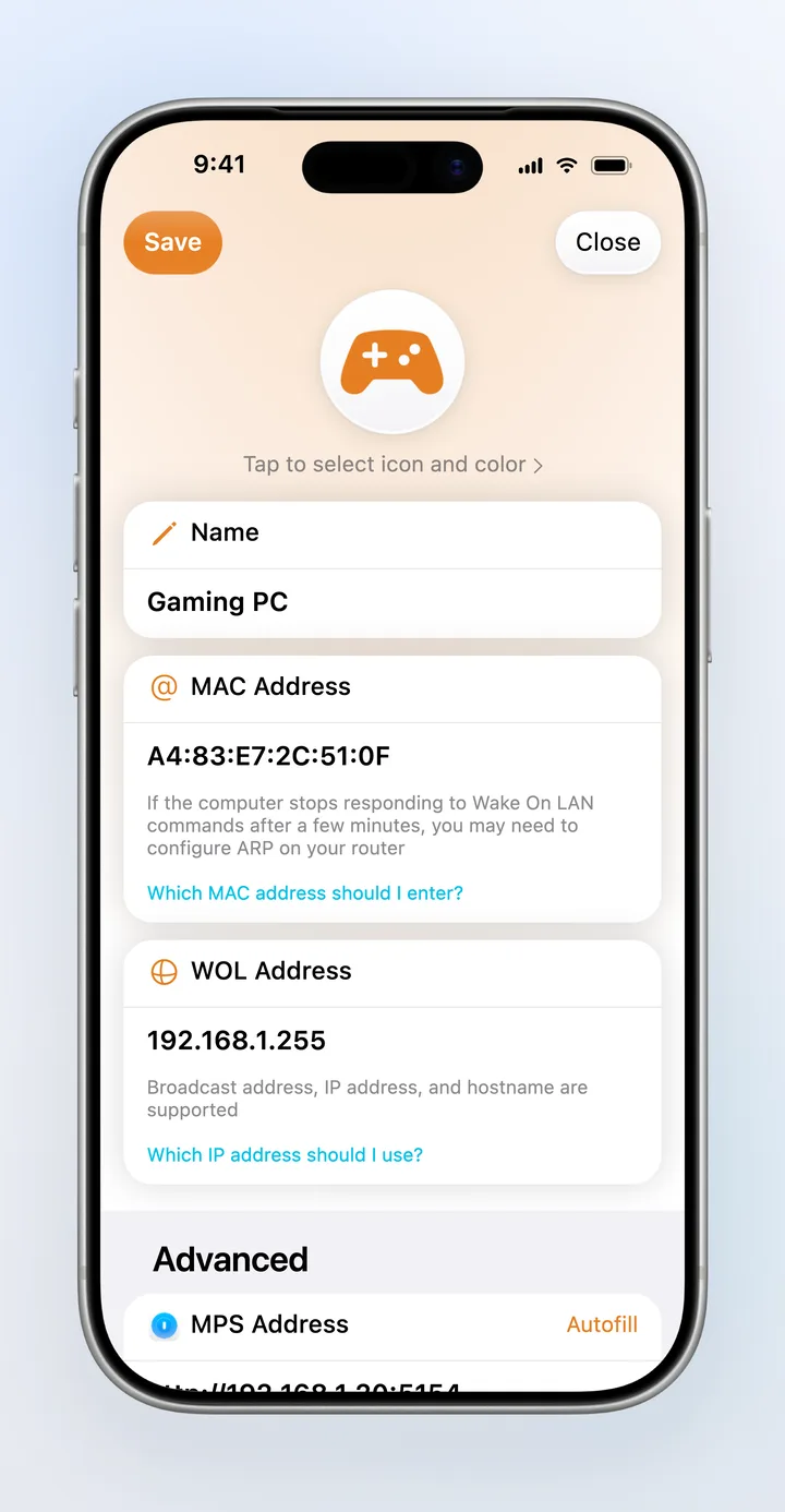 Host settings on iPhone: name, MAC address, and WOL address