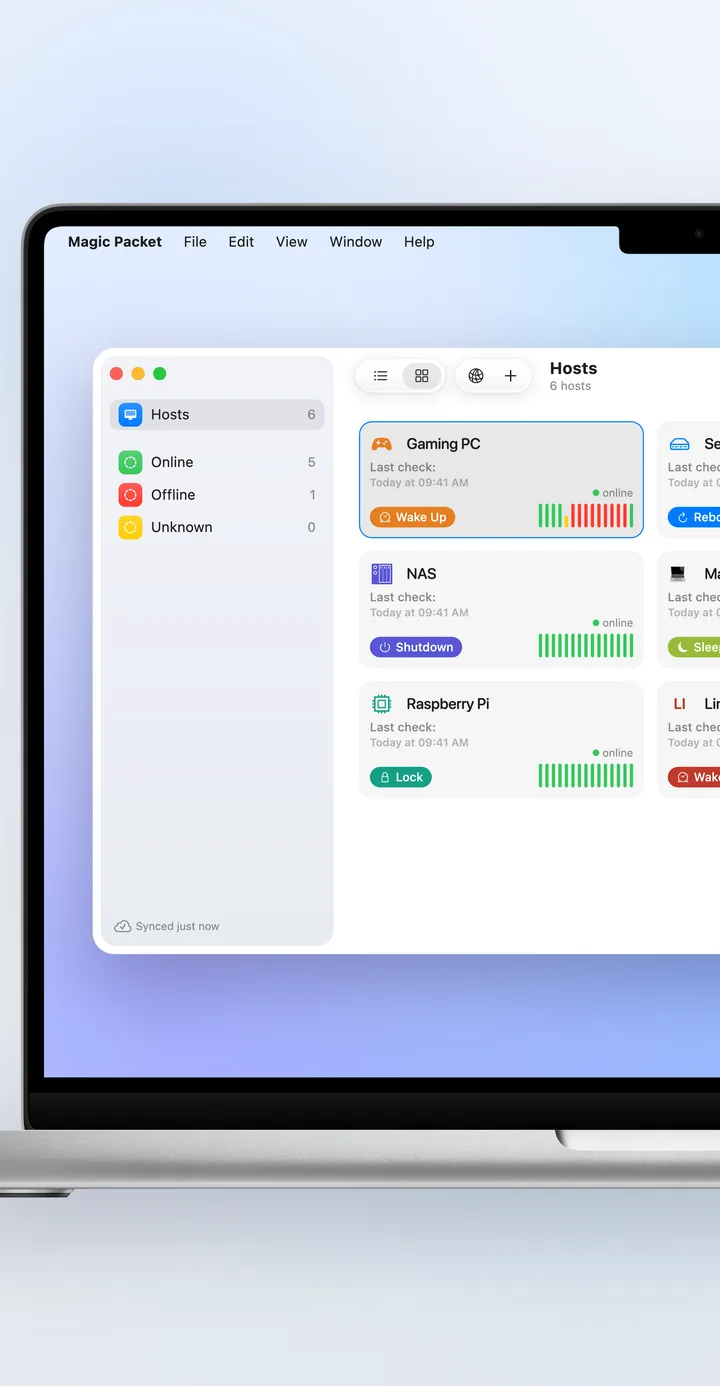 The Magic Packet window on Mac: status counters and host tiles